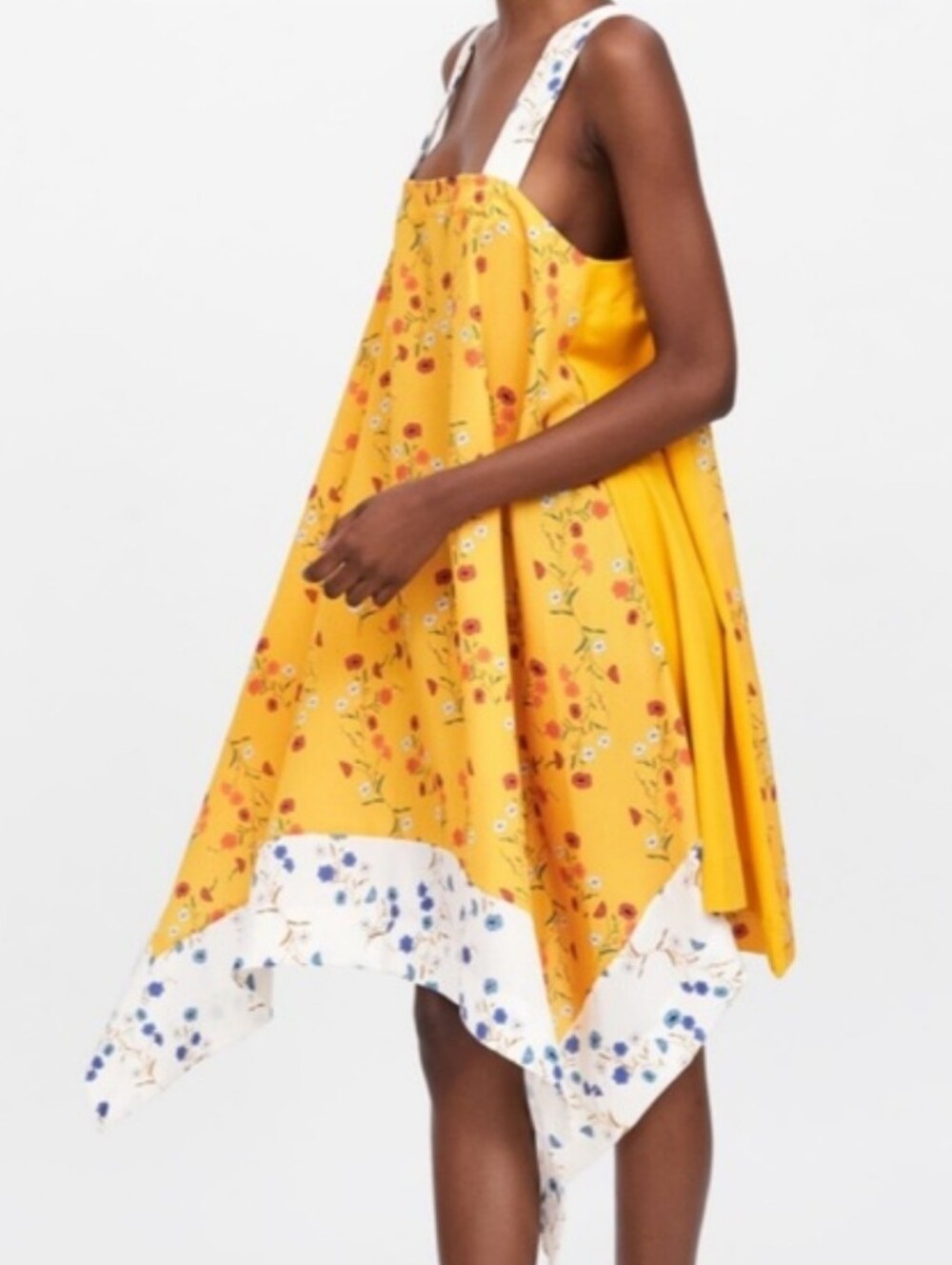 Zara Yellow Floral Handkerchief Hem Dress with White Floral Trim Patchwork Flowy - Picture 2 of 8